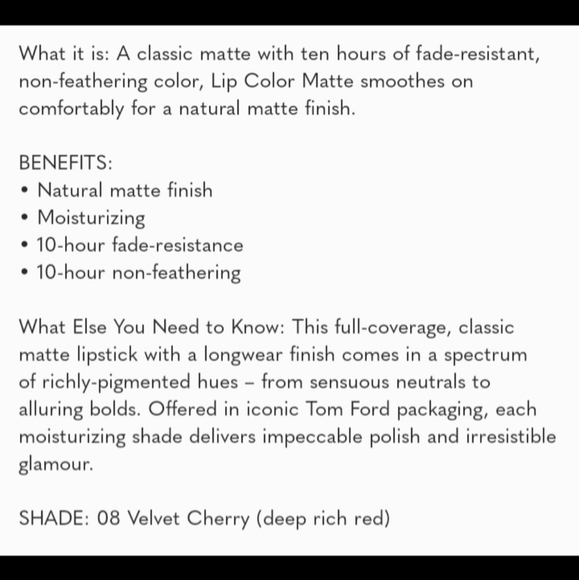 TOM FORD LIP COLOR MATTE LIPSTICK 08 velvet cherry NIB - Picture 6 of 9